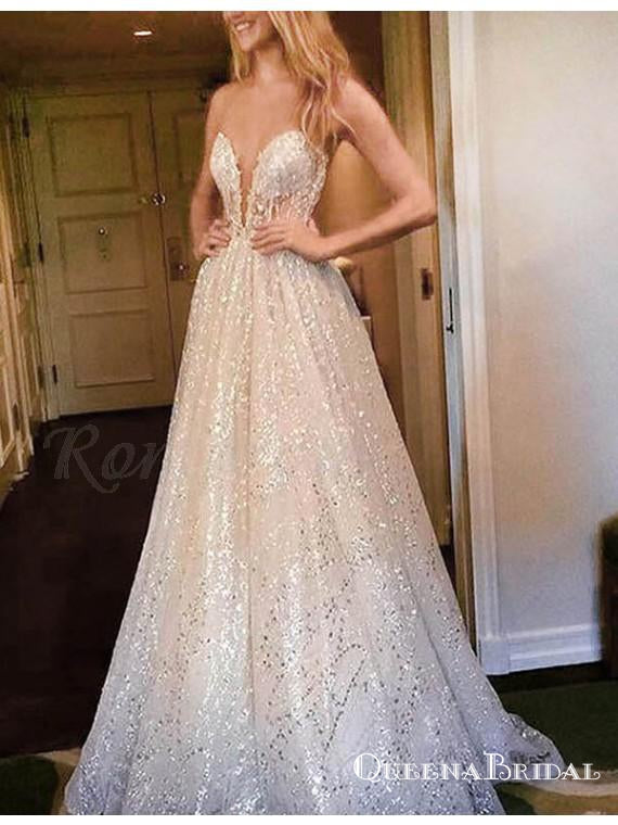 A-Line Sweetheart Long Sequins White Lace Prom Dresses with Illusion Back, QB0662