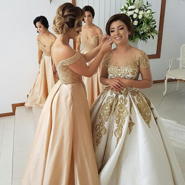 Sexy Off-Shoulder Satin Bridesmaid Dresses with Beading & Lace, QB0119