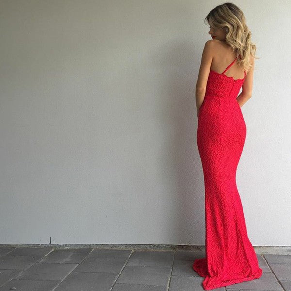 Mermaid Halter Backless Sweep Train Red Lace Prom Dresses Online, QB0249