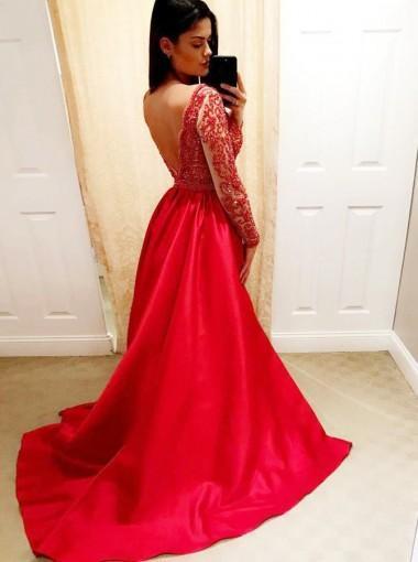 Sexy Backless Long Sleeves Beaded V Neck A-line Long Evening Prom Dresses, QB0458
