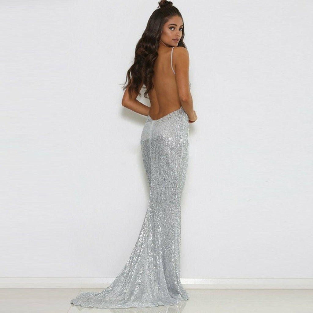 Mermaid Deep V-Neck Backless Sweep Train Silver Sequined Prom Dresses, TYP0240