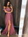 A-Line Cold Shoulder Long Purple Chiffon Satin Prom Dresses with Split, QB0534
