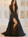 Sexy A-Line Deep V Neck Backless Black Satin Long with Beaded Slit Prom Dresses, QB0563