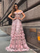 Fancy A-line Blush Off Shoulder Long Prom Dresses with Appliques Lace, QB0666