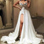 A-Line Spaghetti Straps Long White Satin Prom Dresses with Appliques Split, QB0531