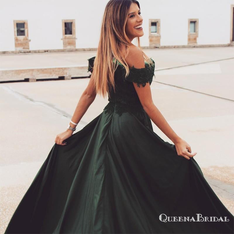 A Line Off The Shoulder Green Long Cheap Prom Dresses With Appliques Split, QB0686