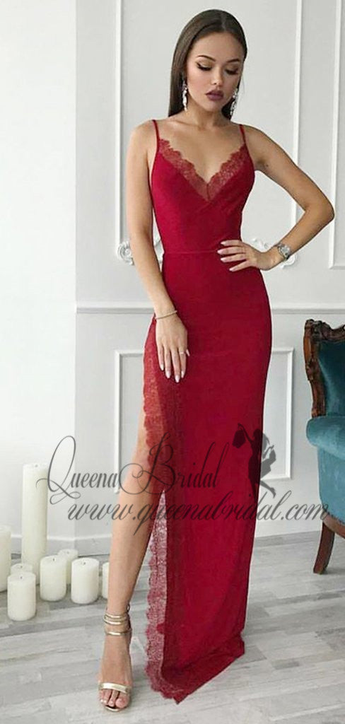 Red Spaghetti Straps Mermaid Side Slit Long Evening Prom Dresses, QB0435