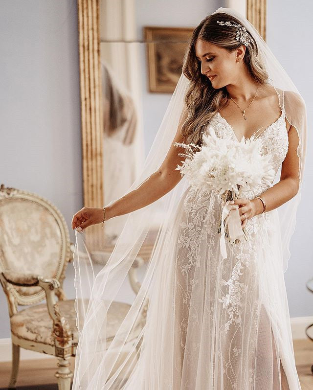 Romantic Spaghetti Strap Tulle Applique Long Cheap Wedding Dresses, WDS0050