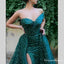 One Shoulder New Arrival Green Off-The-Shoulder Side Slit Sparkly Lace Long Prom Dresses, QB0955