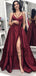2020 Maroon Spaghetti Straps Side Slit Long Evening Prom Dresses, QB0407
