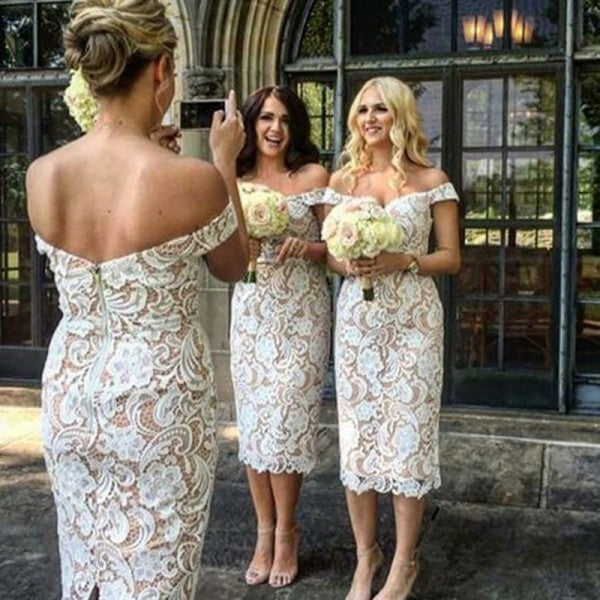 Tight Off Shoulder Mid-Calf Ivory Lace Short Cheap Bridesmaid Dresses Online, QB0150