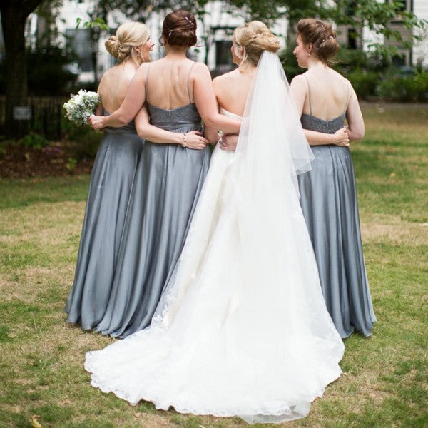 Elegant Round Neck Long Cheap Dark Grey Satin Bridesmaid Dresses with Lace, QB0173