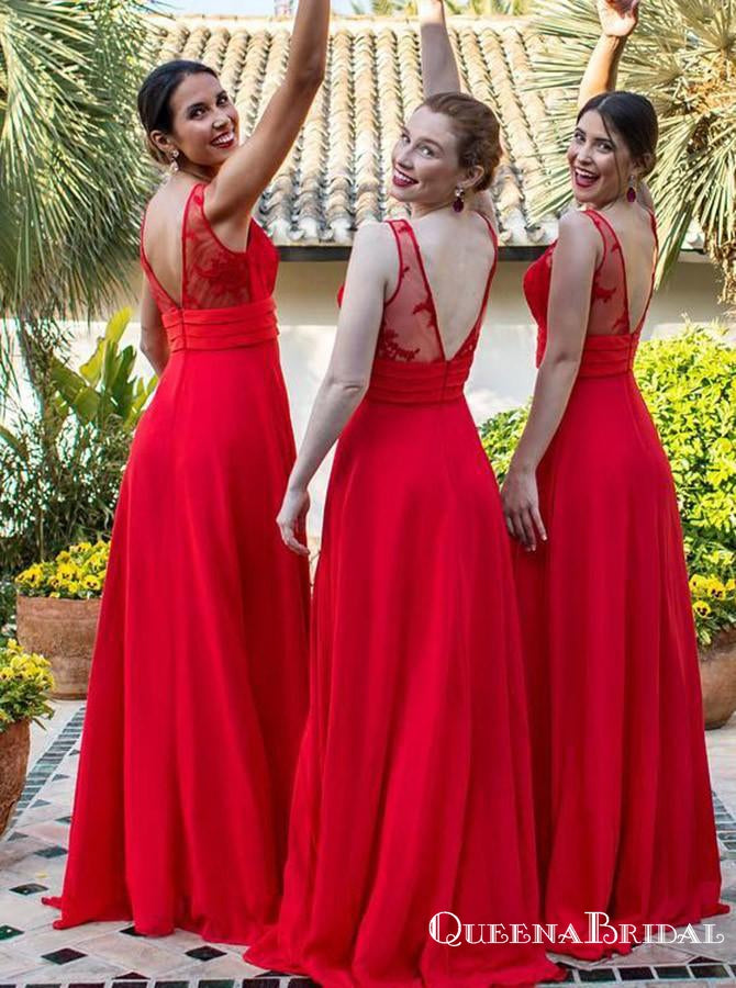 A-Line V-Neck Red Chiffon Long Cheap Bridesmaid Dresses with Applique, QB0847