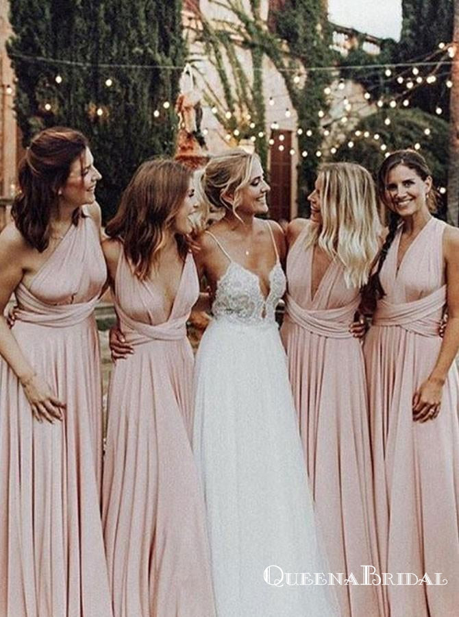 A-Line One-Shoulder Convertible Style Pink Jersey Long Bridesmaid Dresses, QB0626