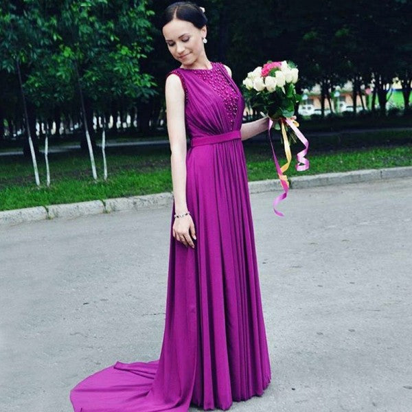 Elegant Round Neck Long Cheap Purple Bridesmaid Dresses Online, QB0207