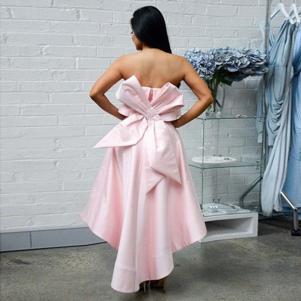 Unique Strapless High Low Pink Satin Short Cheap Bridesmaid Dresses with Bow Ruffles, QB0011
