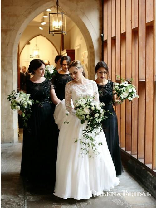 Black Round Neck Cap Sleeve Long Cheap Bridesmaid Dresses With Beaded, QB0623
