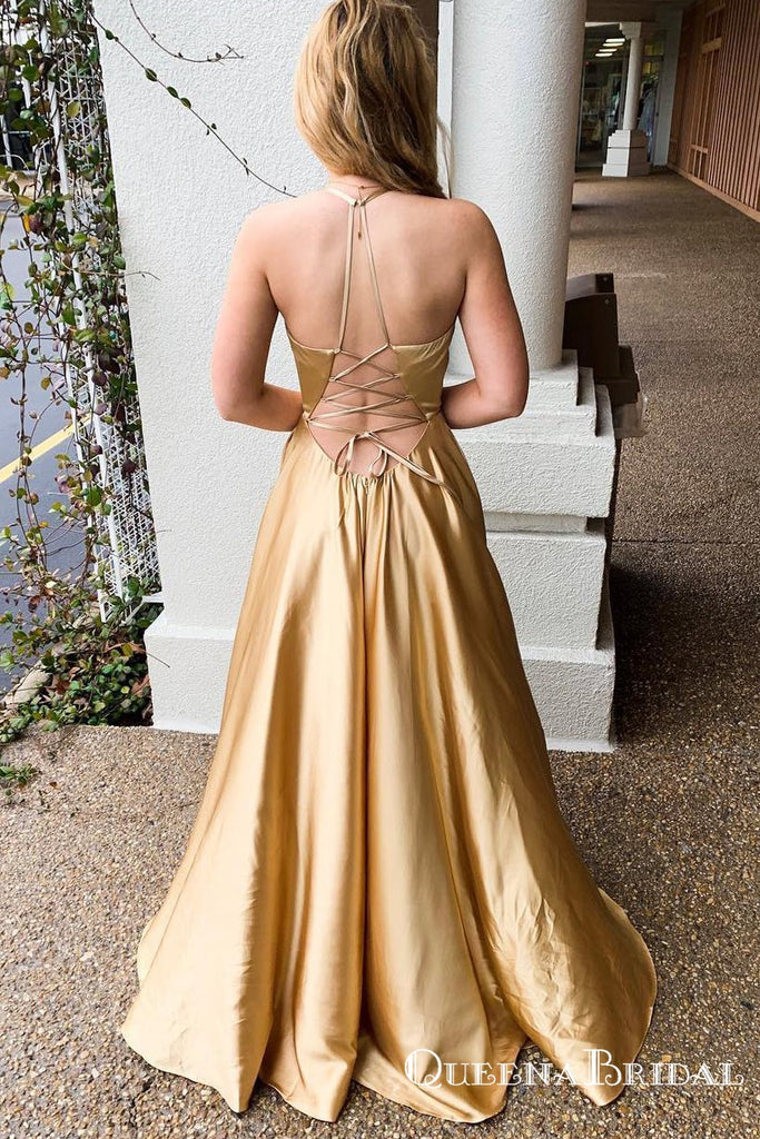 Halter Lace-Up Mesh Gold Long Cheap Prom Dresses with Slit, QB0764