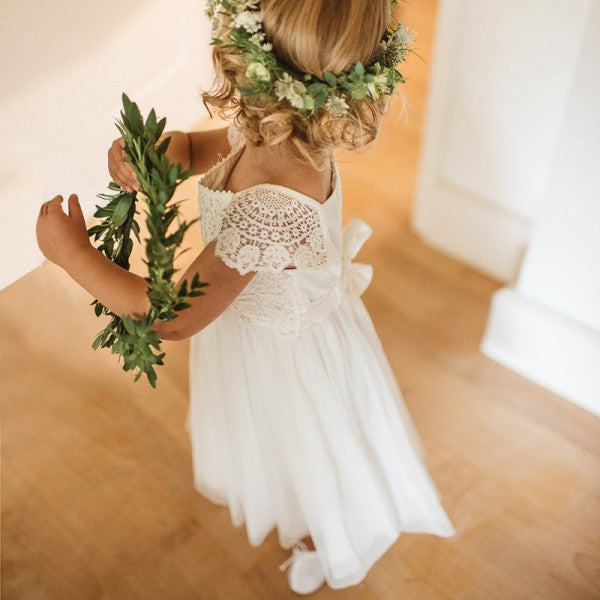 Cute Round Neck Short Sleeves White Long Cheap Flower Girl Dresses with Bow Knot, QB0106