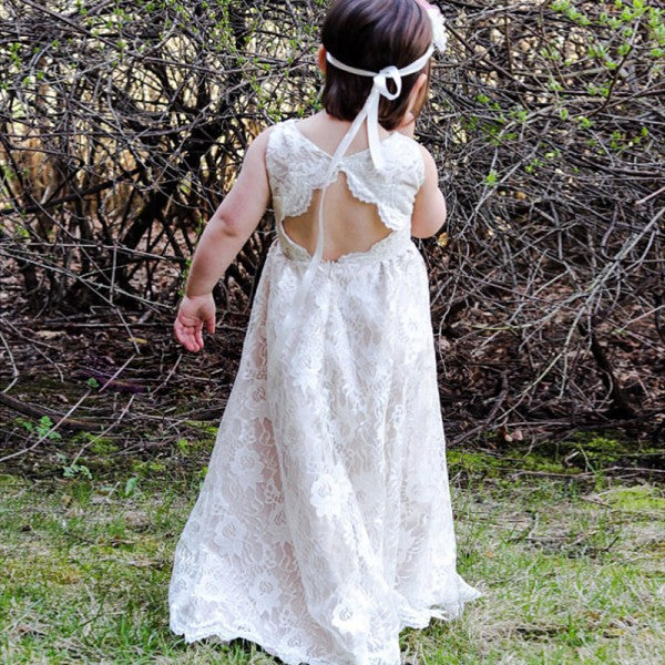 Cute Jewel Open Back Sweep Train Ivory Lace Long Cheap Flower Girl Dresses, QB0102