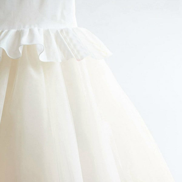 Cute Round Neck Tulle Long Cheap Flower Girl Dresses with Ruffles, QB0105