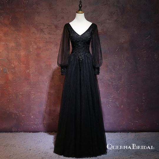 Black Lace Appliques A Line Long Sleeve V-neck Long Cheap Prom Dresses, QB0754