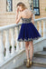 Sweetheart Gold Lace Beaded Blue Short Cheap Homecoming Dresses Online, CM569
