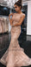 Peach Cap Sleeves Mermaid Rhinestone Long Evening Prom Dresses, QB0430