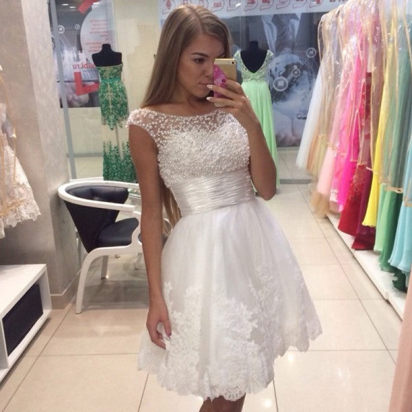Pretty Bateau White Short Cheap Homecoming Dresses with Appliques & beaded, QB0190
