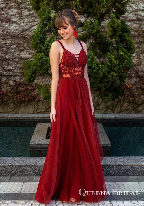 Stunning A-Line V Neck Open Back Burgundy Tulle Long Prom Dresses with Lace, QB0569
