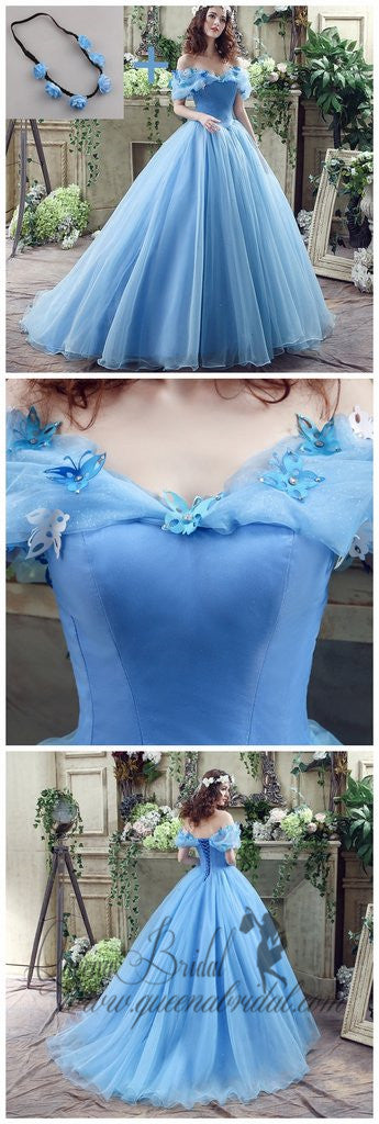 Blue Princess Off Shoulder A-line Long Evening Prom Dresses, QB0379