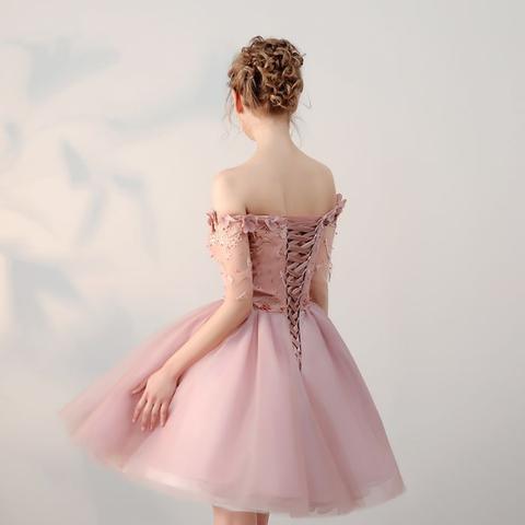 Dusty Pink Off Shoulder Short Sleeves Cheap Homecoming Dresses 2018, CM546