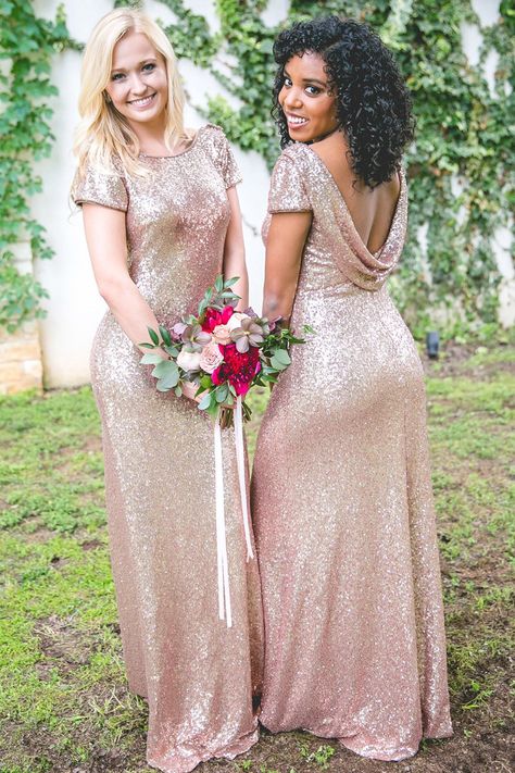 Mismatched Long Cheap Rose Gold Sequined Bridesmaid Dresses, QB0487