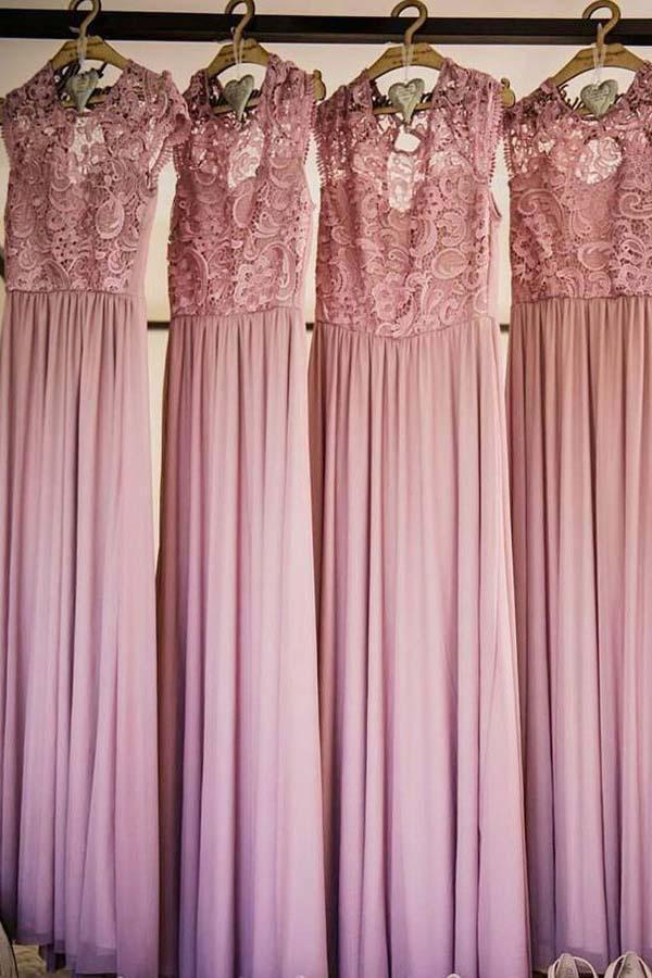 Cap Sleeve Illusion Lace Pink Long Cheap Bridesmaid Dresses Online, WG258