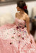 Strapless Pink Lace Long Ball Gown with Floral Embroidery Prom Dresses, QB0602