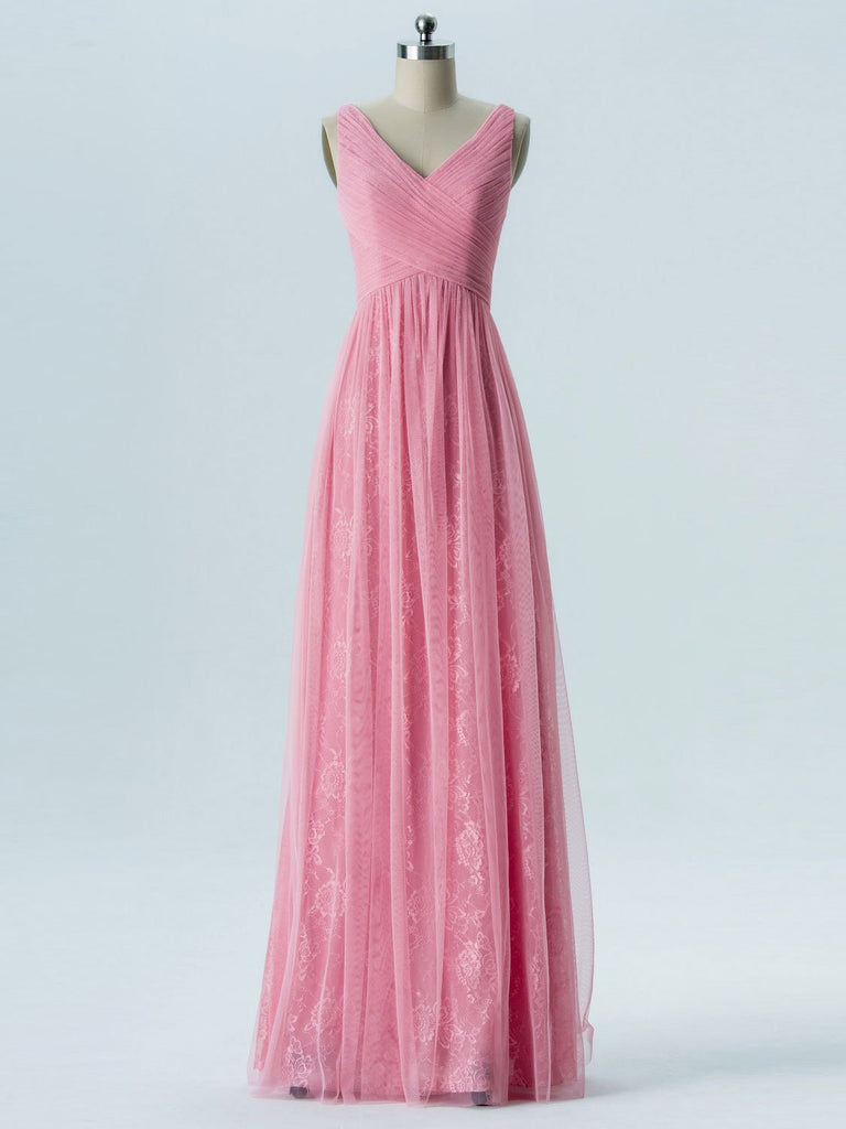 V Neck Pink Lace Cheap Long Bridesmaid Dresses Online, WG288