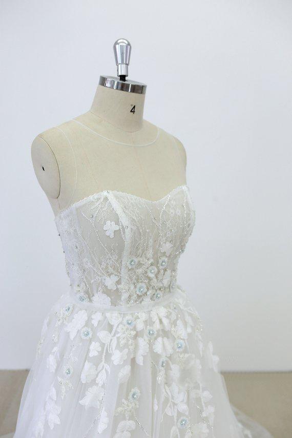 Strapless Lace See Through Beaded A-line Unique Wedding Dresses Online, WD391