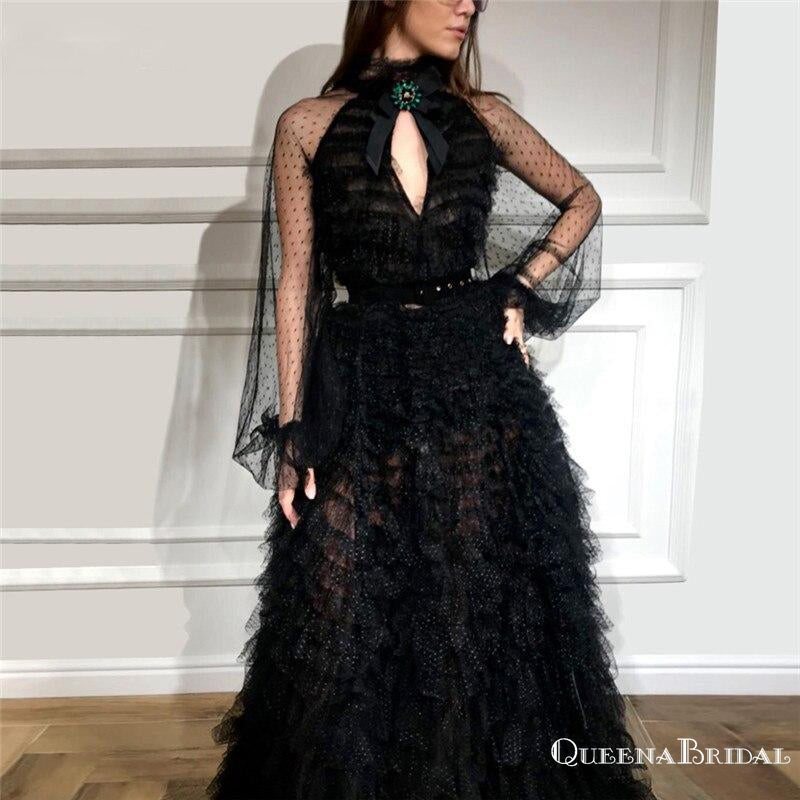 Gorgeus Halter Open Chest Long Sleeves Black Tulle A-line Long Cheap Evening Party Prom Dresses, PDS0017