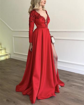 Stylish Embroidery Beaded Long Sleeves Satin Evening Prom Dresses, QB0781