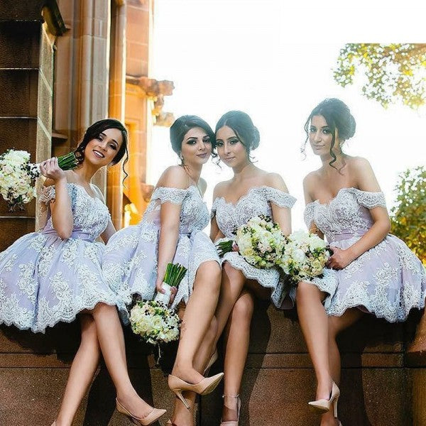 Pretty Off Shoulder Lavender Lace Short Cheap Bridesmaid Dresses Online, QB0023