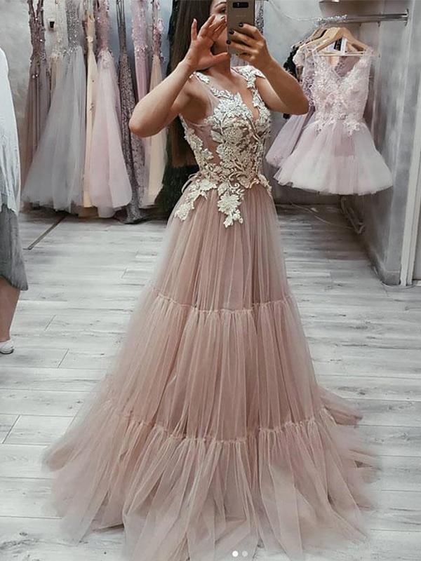 Charming Custom Lace V Neck See Through A-line Long Evening Prom Dresses, QB0367