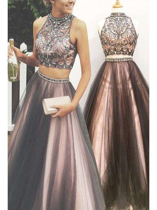 A-line Halter High Neck Beaded Top Tulle Two Piece Long Prom Dresses, QB0277