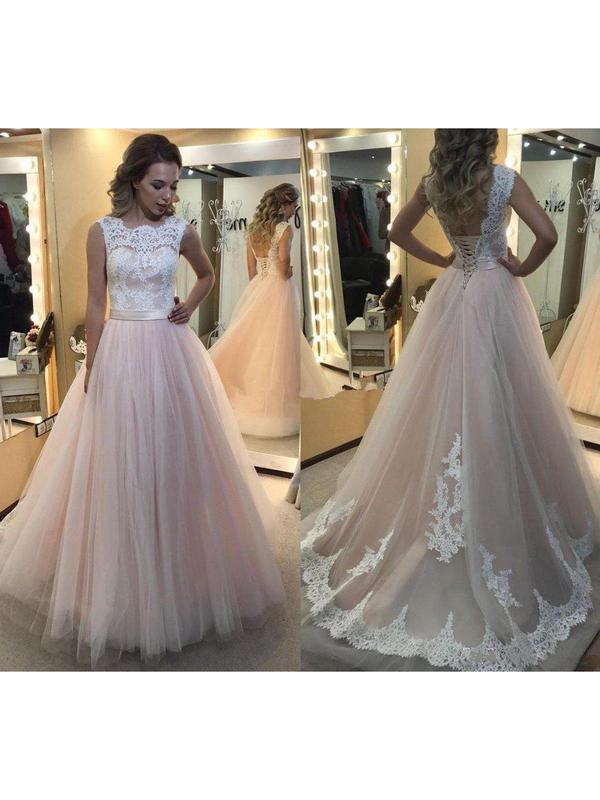 A-line Light Pink Tulle Prom Dresses White Lace Applique Quinceanera Dresses, QB0341