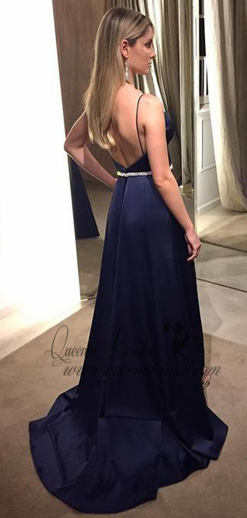 Elegant Navy Blue Spaghetti Strap  Side Slit Long Cheap Prom Dresses, QB0475