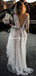 Sparkly V-neck Long Sleeve Sequin A-line Long Cheap Beach Wedding Dresses, WDS0042