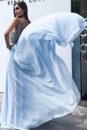 Gorgeous V Neck Spaghetti Strap Chiffon Light Blue Long Prom Dresses with Beaded, QB0605