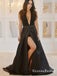 Sexy A-Line Deep V Neck Backless Black Satin Long with Beaded Slit Prom Dresses, QB0563