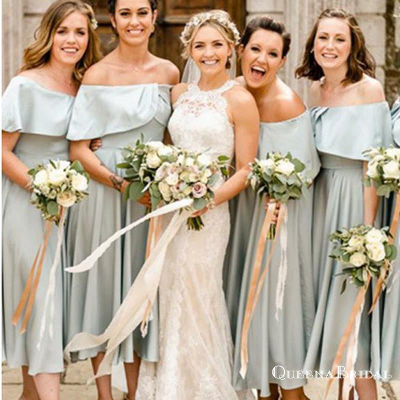 A-Line Off-the-Shoulder Blue Satin Tea Length Bridesmaid Dresses, QB0724