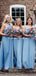 Mismatched Blue Jersey A-line Long Cheap Bridesmaid Dresses, BDS0129