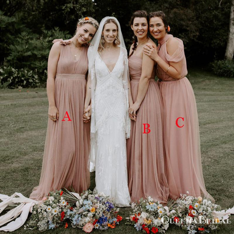 Newest Hot Selling Mismatched Pink Tulle A-line Long Cheap Wedding Party Bridesmaid Dresses, BDS0004